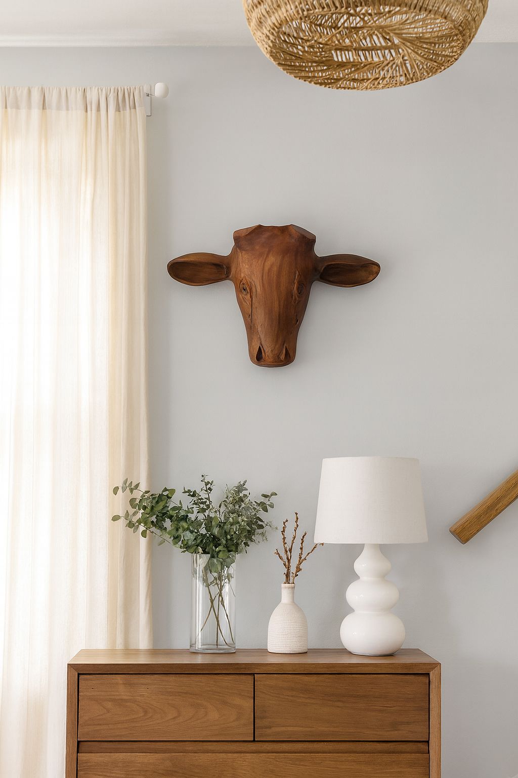 Hand-Carved Wooden Cow Head Wall Decor - Rustic Farmhouse Animal Sculpture