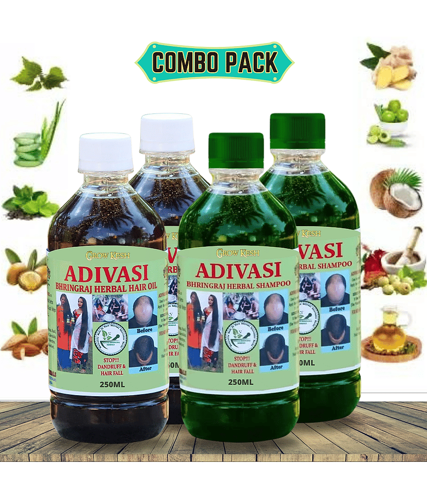 Adivasi Bhringraj Natural Hair Growth Herbal Hair Oil and Shampoo Combo(250 ml)Pack Of 4
