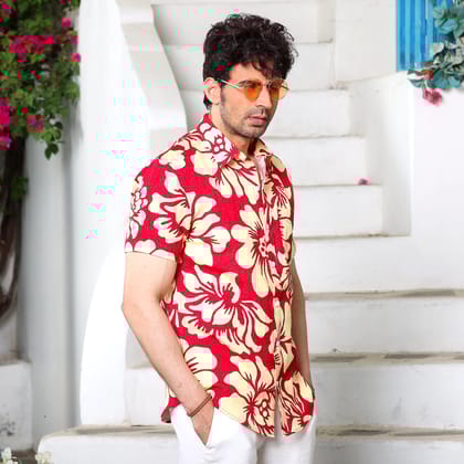 Hibiscus Print Red Causal Pure Linen Half Shirt (Size - S) by BLUE EAGLE