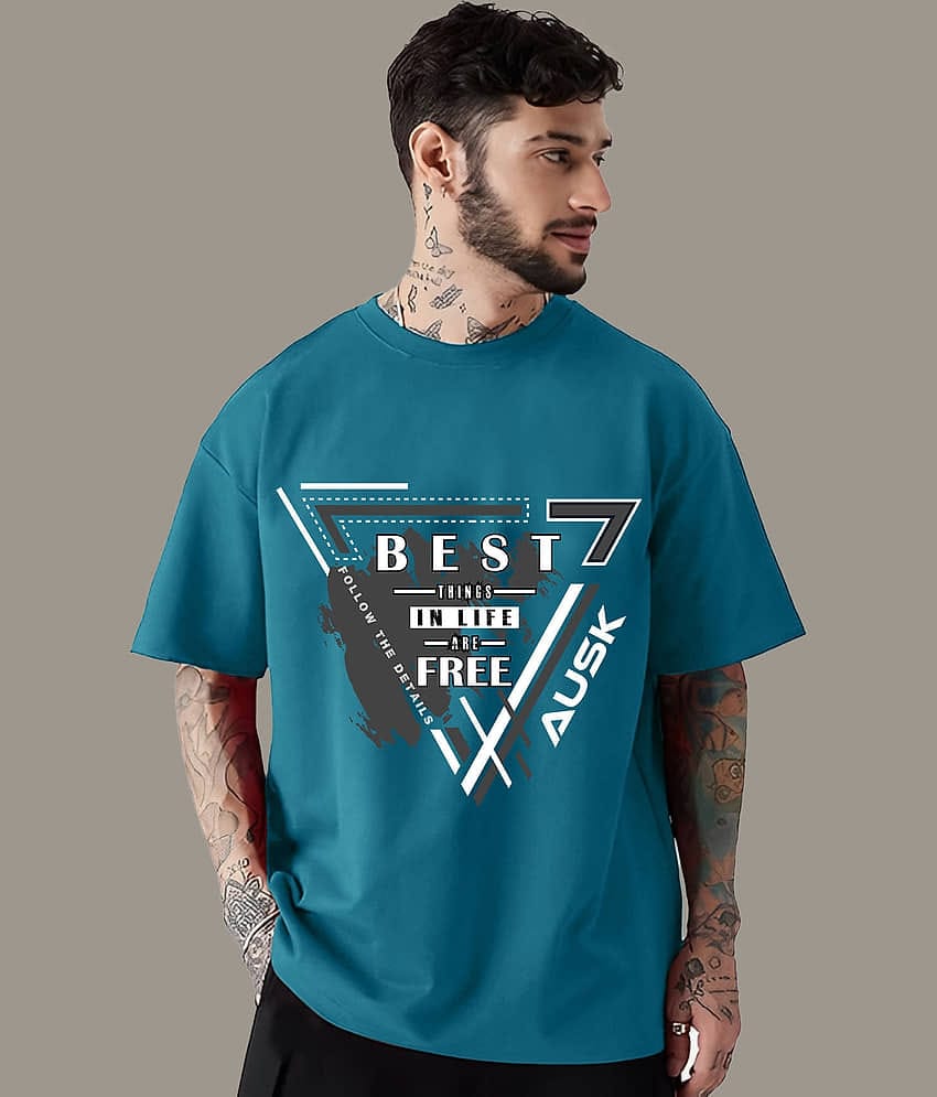 AUSK Men Cotton Blend Oversized Fit Printed T-Shirt ( Teal )
