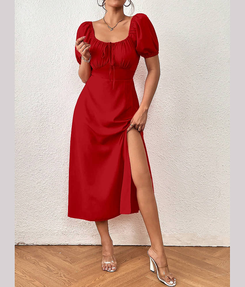 Aahwan Women Polyester Solid A-line Dress ( Maroon )