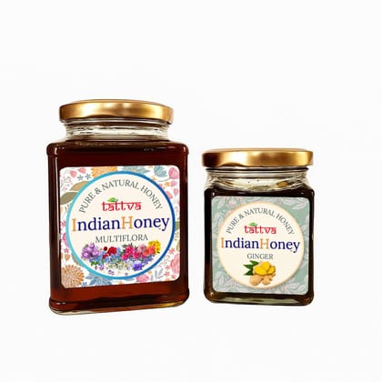 IndianHoney Himalayan Multiflora & Warming & Anti-Inflammatory Ginger Infused Honey Combo Pack (500gm & 230gm) Himalayan Multiflora & Ginger