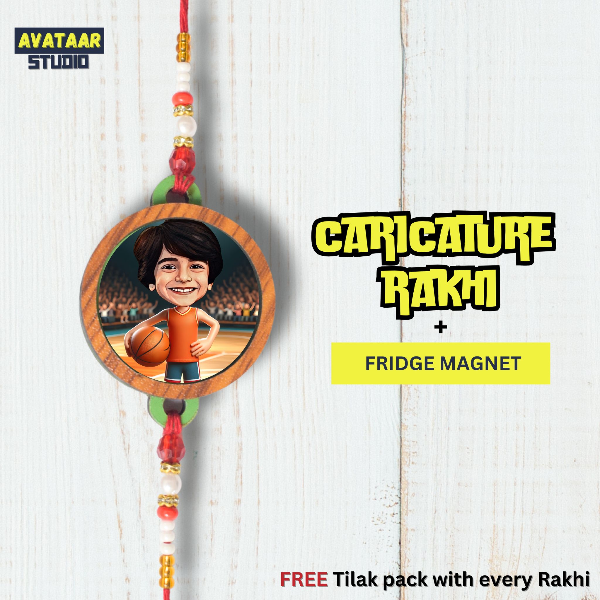 Personalized Caricature Rakhi with Fridge Magnet Unique Rakhi for Brother Caricature Durable Caricature Rakhi for Bhai Customised Photo Rakhi for Rakshabandhan (BASKETBALL PLAYER)