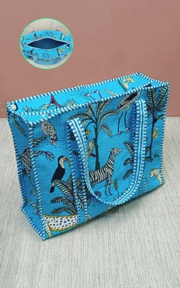 Handblock Printed Quilted Tote Bag with concealed zip ( 17x18x 6 inches)