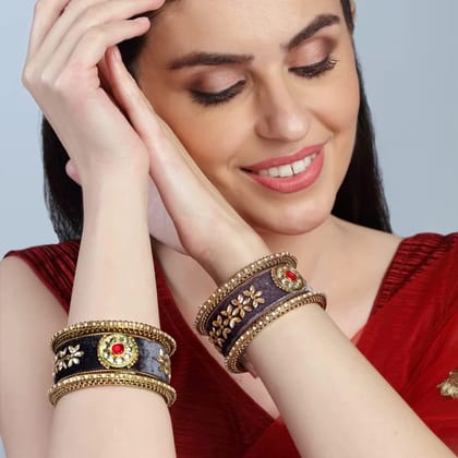Set Of 6 Mehndi Gold Plated Kundan and Velvet Chura Bangles