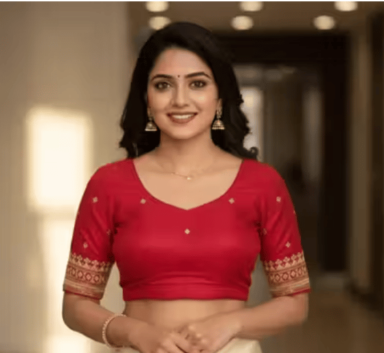 Red Cotton Silk Embroidered Elbow Sleeve V-Neck Padded Blouse for Women