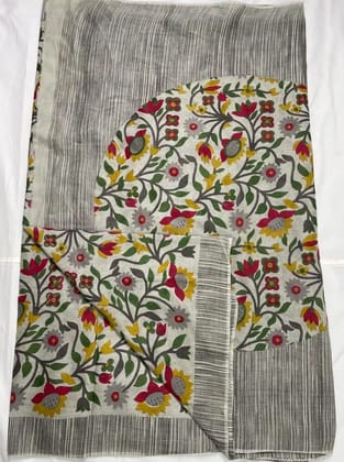 ha Block Print Cotton Saree Gray Floral JaalOdis