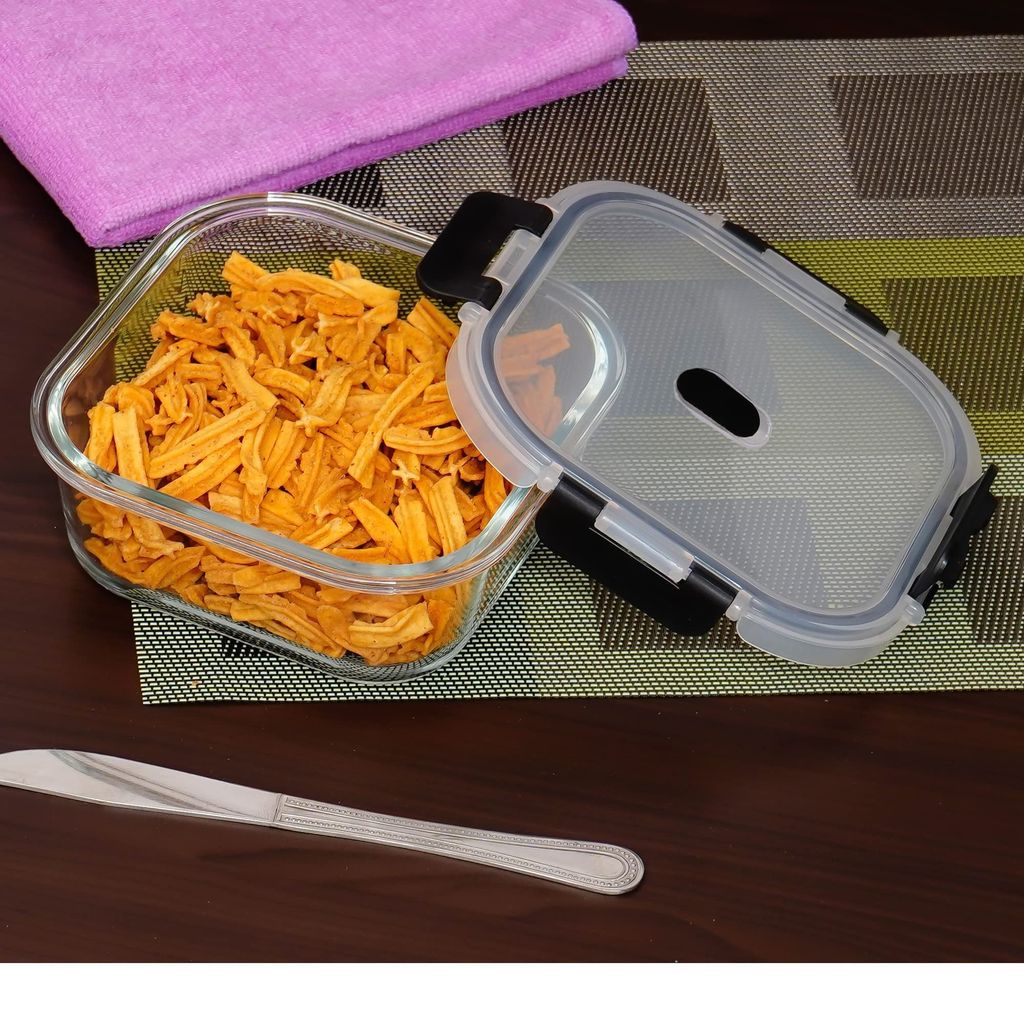 Femora Borosilicate Glass Microwave Safe Square Food Storage Container with Air Vent Lid, 500 m.l (Set of 2)