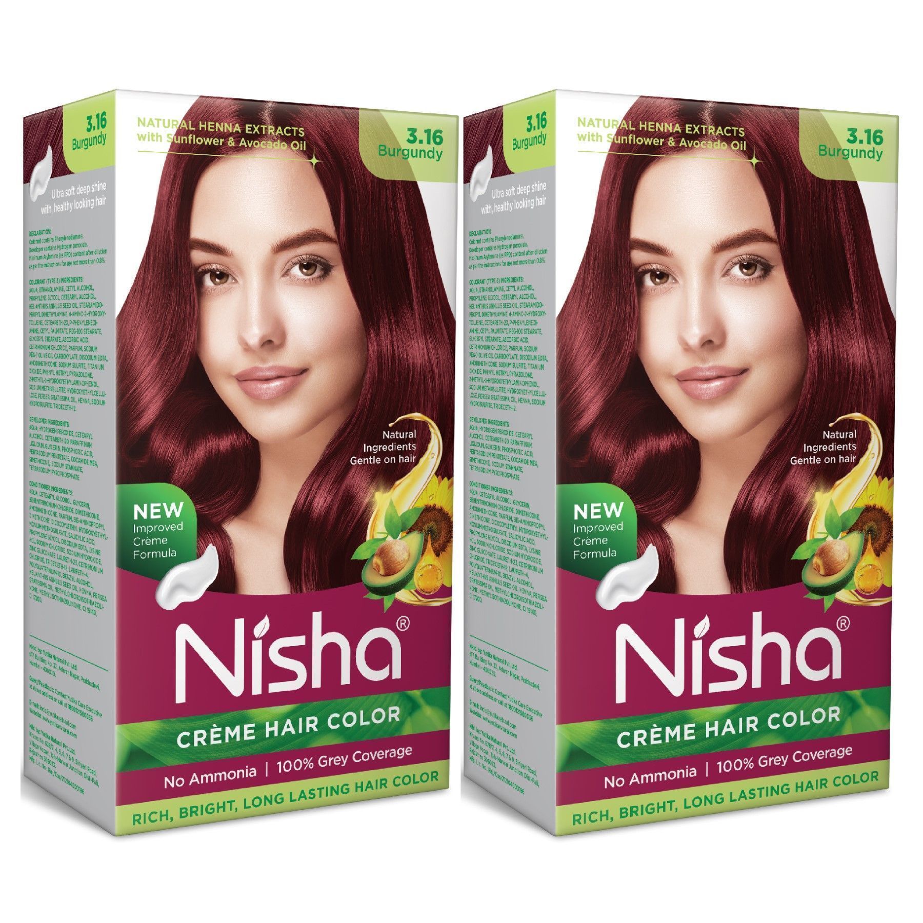 Nisha Creme Hair Color Burgundy 60g Pack of 2, Permanent Hair Colour, No Ammonia, 100% Grey Coverage
