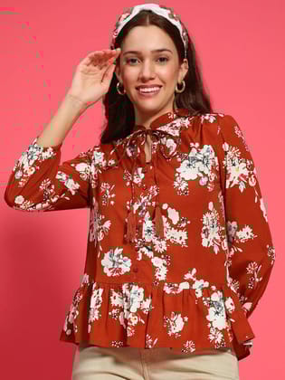 Elite Rust Long Sleeve Floral Print Long Sleeve Women Top-S