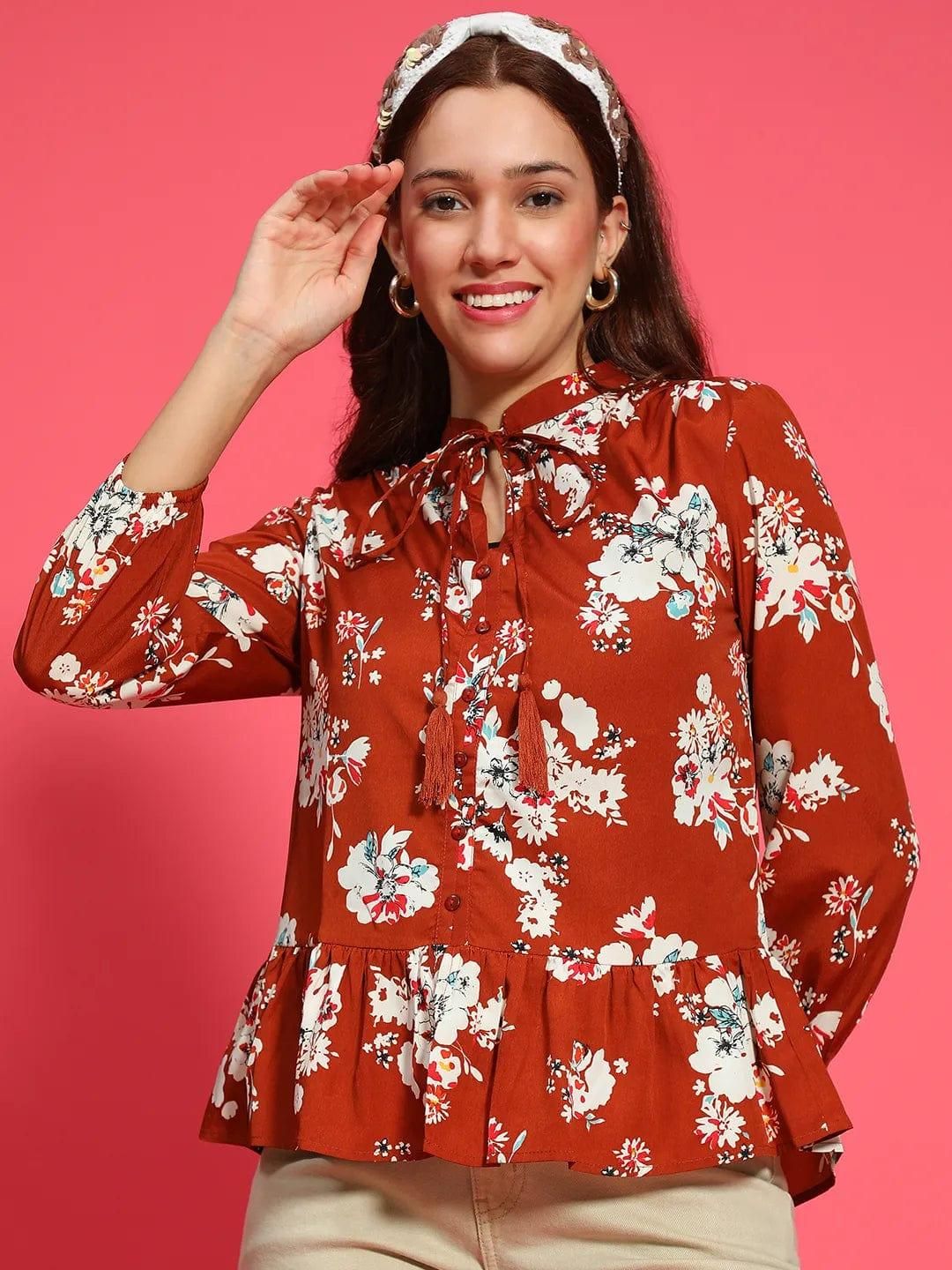 Elite Rust Long Sleeve Floral Print Long Sleeve Women Top-S