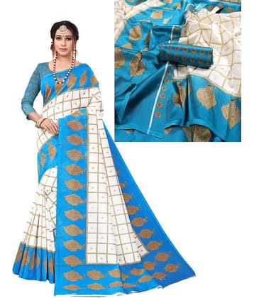 Kanooda Prints Art Silk Printed Saree With Unstitched Blouse Piece ( Teal )