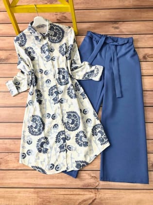 Dark Blue Ocean Floral Designing Kurti with Blue Palazzo by GlamaStitch-M