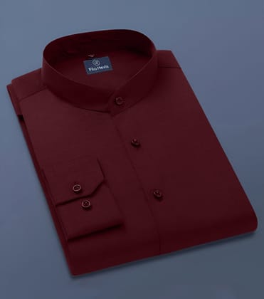 Men's Full-Sleeve Mandarin Collar Regular Fit Cotton Lenin Shirt-Maroon-M