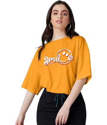 Leotude Women Cotton Blend Printed Oversized Fit Round Neck T-Shirt ( Yellow )