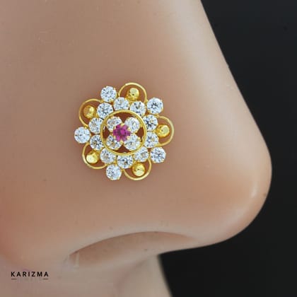 Cute Floral 18K Real Gold Indian Women party wear CZ Nose stud nose ring Push Pin