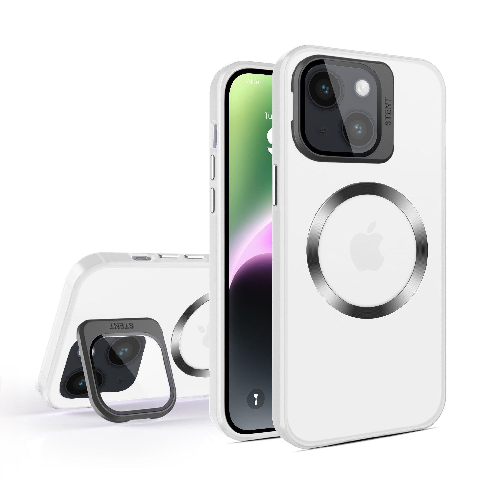 Vaku® Apple iPhone 14 Plus Rime Frosted Magnetic Magpro Translucent Camera Protector Case with Built-in Stash Stand Back Cover