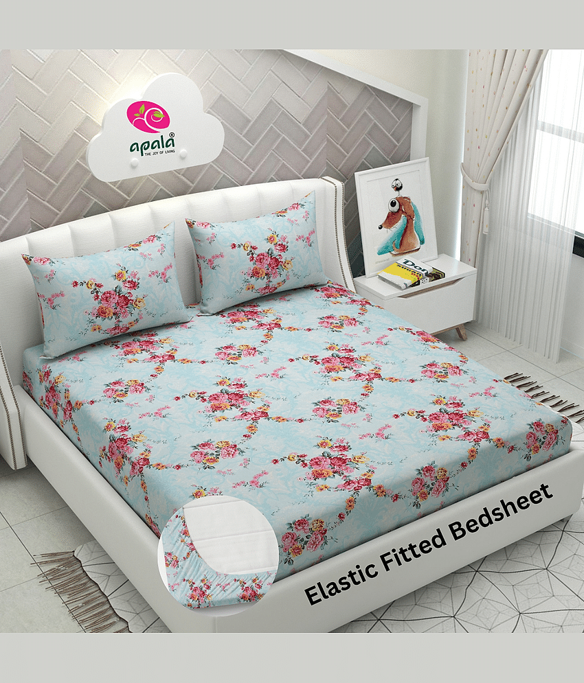 Apala Microfibre Floral Fitted Fitted bedsheet with 2 Pillow Covers ( King Size ) - Sky Blue
