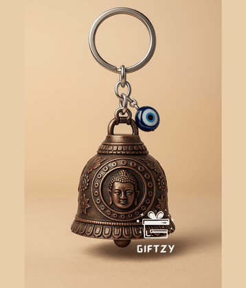 Buddha Guardian Bell Keychain with Evil Eye | Antique Red Finish Protective Lucky Bell for Riders | Spiritual Bike/Car Keyring & Gift for Men & Women