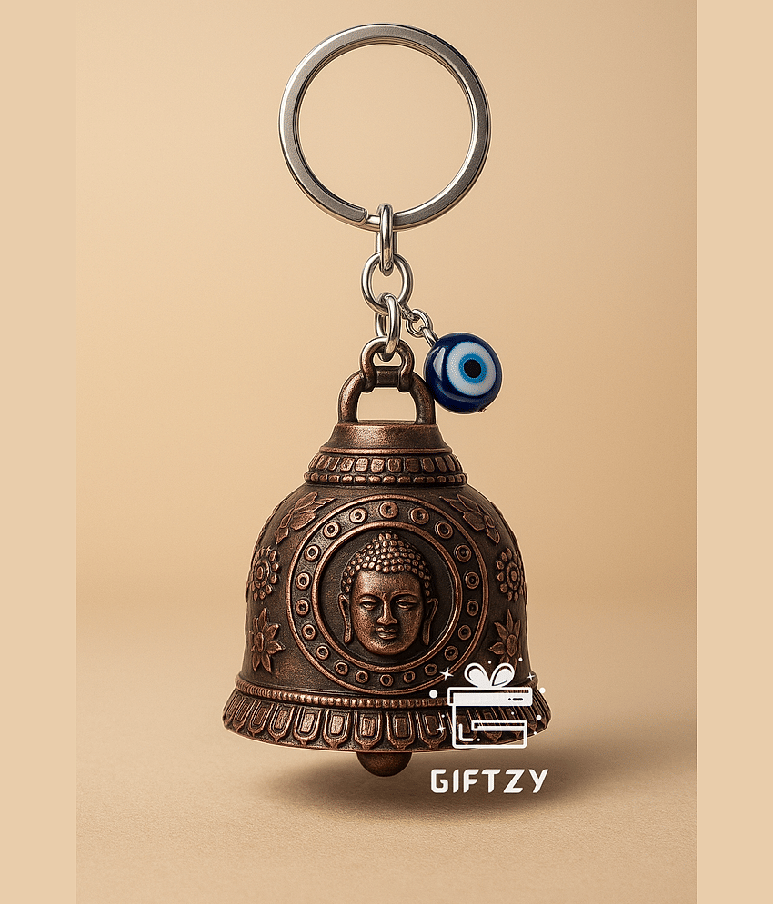 Buddha Guardian Bell Keychain with Evil Eye | Antique Red Finish Protective Lucky Bell for Riders | Spiritual Bike/Car Keyring & Gift for Men & Women