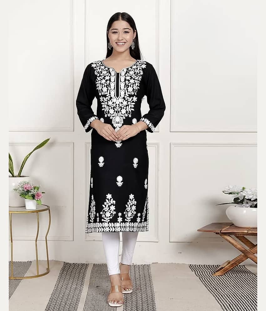 anushansa Women Viscose Rayon Embroidered Straight Kurti ( Black )