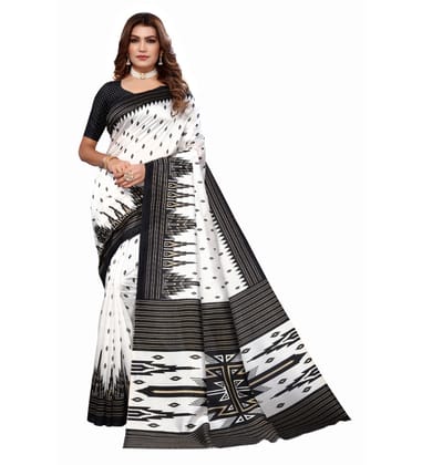 Women's Art Silk Printed Saree with Unstitched Blouse (Black, 5-6 Mtrs)