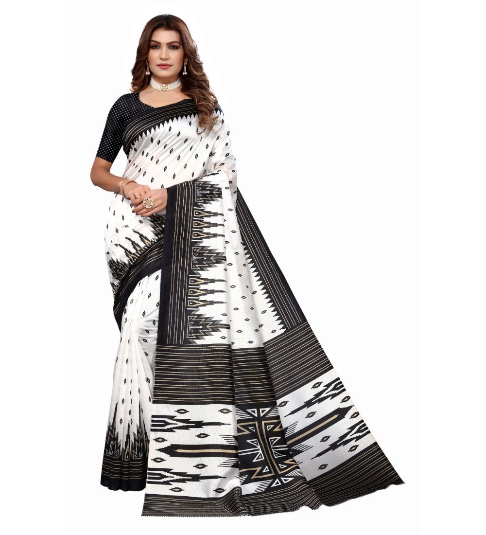 Women's Art Silk Printed Saree with Unstitched Blouse (Black, 5-6 Mtrs)