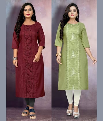 RIAANA Women Cotton Blend Embroidered Straight Kurti ( Multicolor )