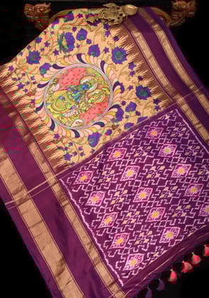 Radha Krishna Design Authentic Pen Kalamkari on Pure Silk Saree with Ikkat pallu | SILK MARK CERTIFIED