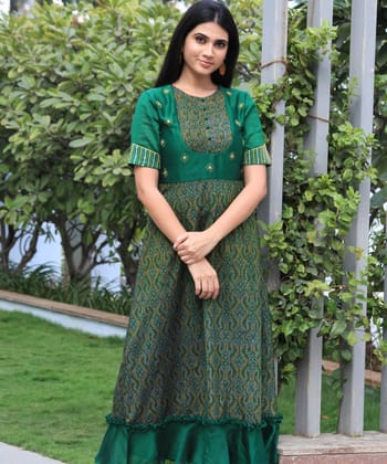 Green chanderi handwoven ikat hand embroidery gown