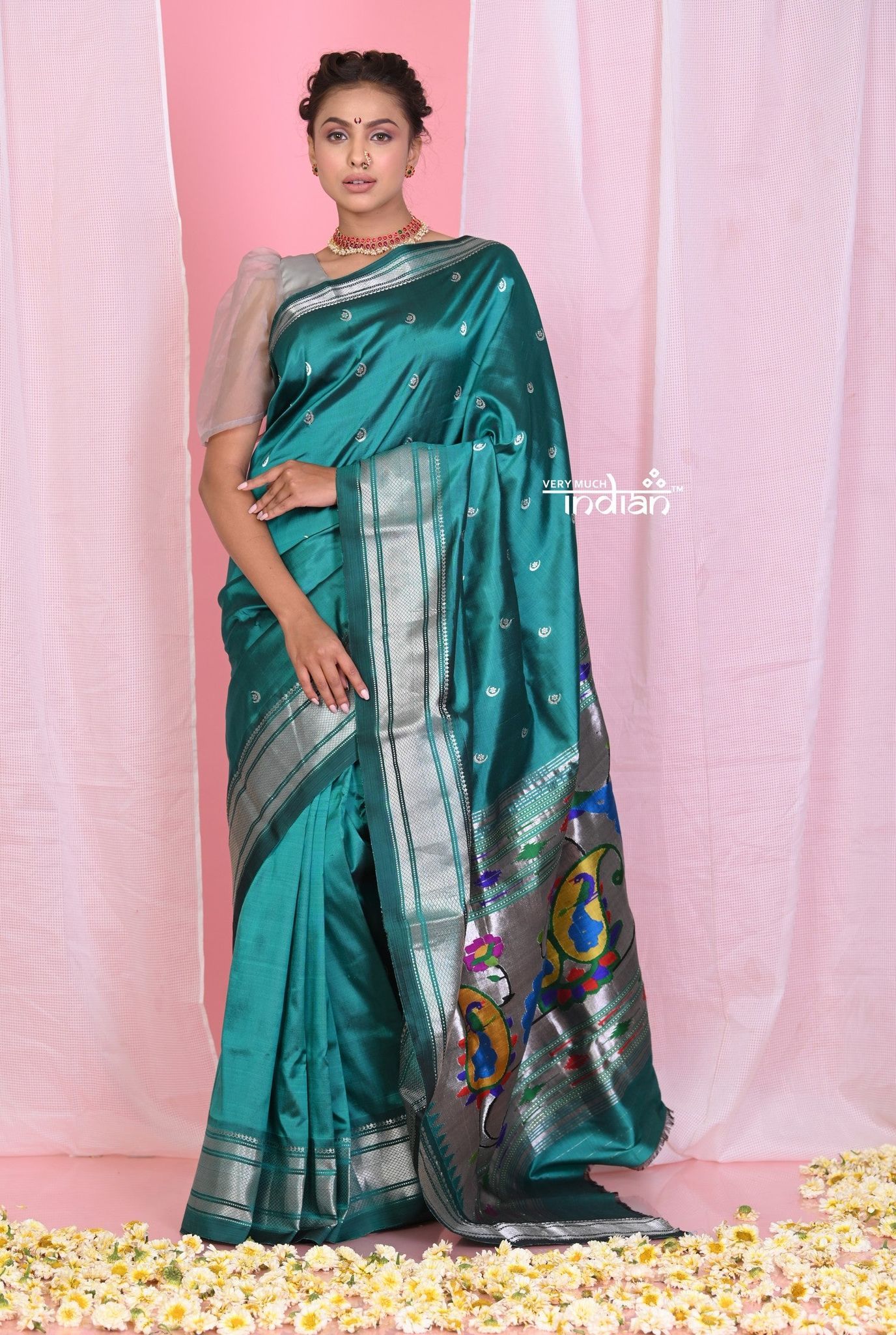 Pehal~EXCLUSIVE! Traditional Peacock Green Pure Silk Paithani with Unique Designer Pallu