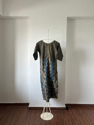 Brown Grey Printed Kurti With Yoke Buttons-S