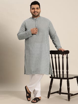 Men's Pure Cotton Grey Kurta with White Embroidery-44