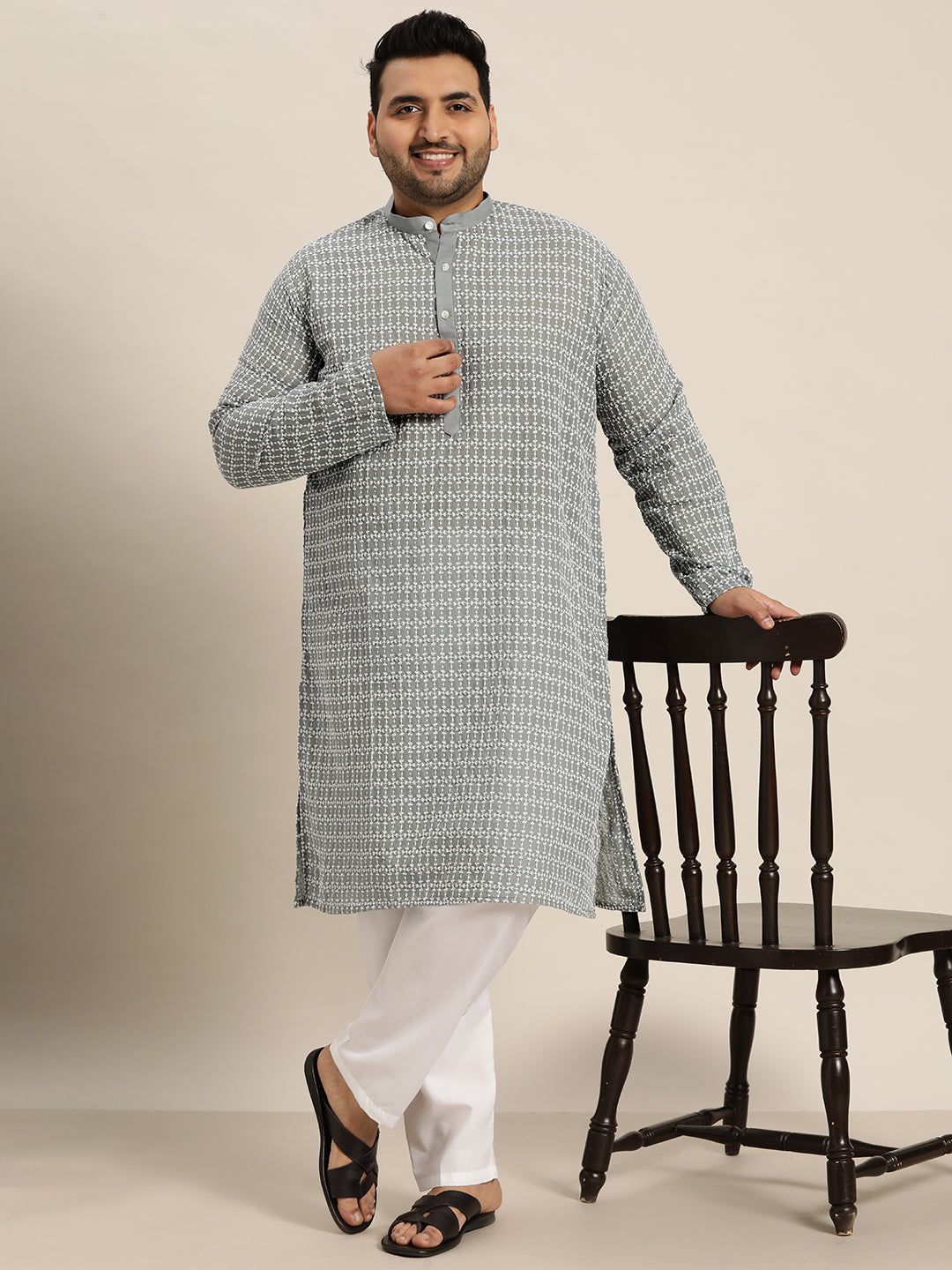 Men's Pure Cotton Grey Kurta with White Embroidery-44