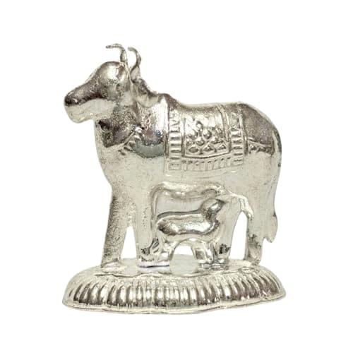 Vail Creation German Silver Kamdhenu Cow and Calf Idol Decoration for Pooja Room Gift Worship Office Home Decor