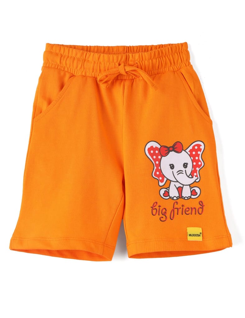 Stylish Kids Girls Shorts Cotton French Terry Vibrant Orange Big Friend Elephant 2025 at ShopCir