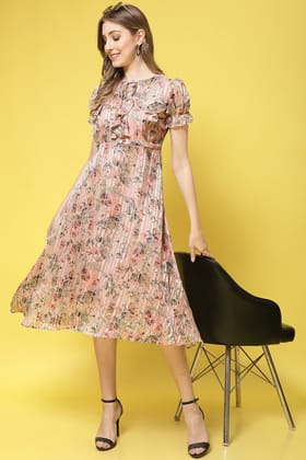 Pink Color Floral Printed Georgette Dress For Women-m