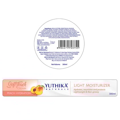 Yuthika Peach Hydration Light Moisturizer Cream for Face, Hand, Body, Dry Skin Moisturizer for All Skin Types - 300ml