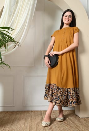 Mustard with Kalamkari Flared Dress-M / Mustard
