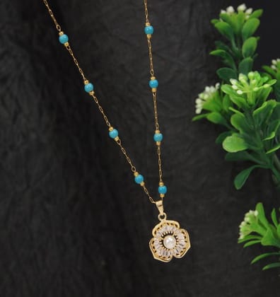 Stainless Steel Floral Pendent Pearl Chain Necklace - STNK 4