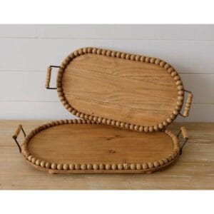 Handicraft Exim Beaded Oval Wooden Serving Tray Set | Natural Wood Finish | Decorative & Functional | Home Hosting