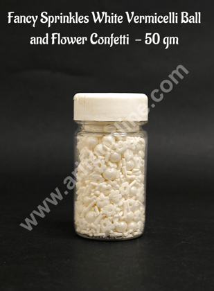 Cake Decor Sugar Candy - Fancy Sprinkles White off White Vermicelli Ball and Flower Confetti - 50gm