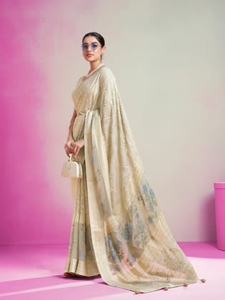 Cream Poly Viscose Georgette Geomatric Designer Saree