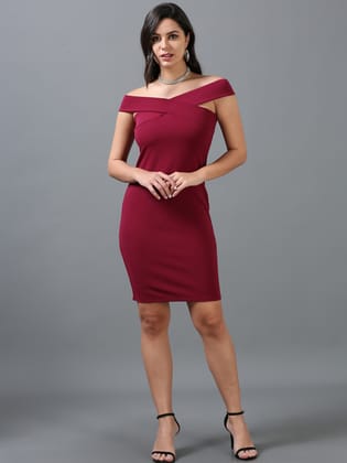 Women Maroon Karara Lycra Sleeveless Offshoulder Dress-XL / Maroon