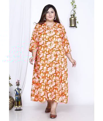Swasti Cotton Blend Printed Flared Women's Kurti - Orange ( Pack of 1 )