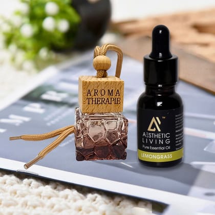 Aesthetic Living Car Aromatizer Diffuser Bottle with Essential Oil (Square Colored Transparent Combo- 10 ml + Lemongrass Essential Oil, 15 ml)