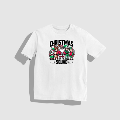 christmas squad- Round Neck Drop Shoulder Graphic Printed Oversized Cotton T-shirt  christmas outfit-S / White