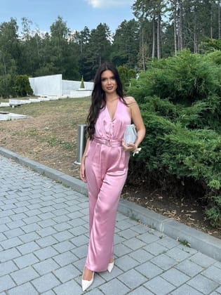 Halterneck Backless Jumpsuit With Belt-Pink / S