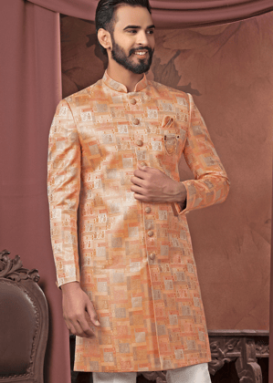 Dark Peach Self Jacquard Classic Indowestern Set