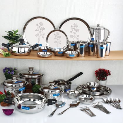 Parivar Dine, Cook & Serve 64 Pcs Stainless Steel Dinner Set-Laser Etching / 64